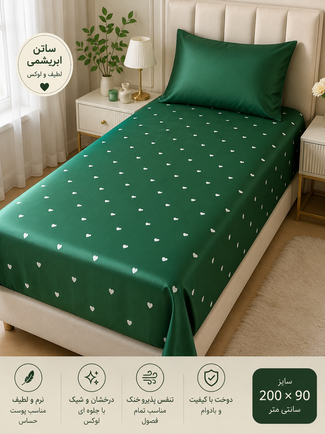 کاور تشک 200*90  ساتن ابریشمی+ یک روبالشی